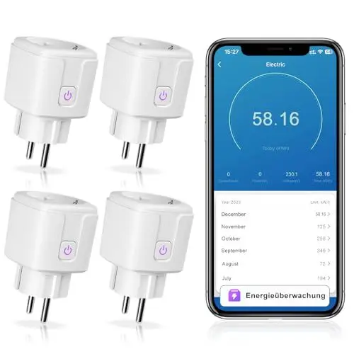 Produktbild: 4er-Pack CNBINGO WLAN Smart Steckdose mit Strommessung, Funktioniert mit Alexa, Google Assistant, WiFi Mini Plug mit Zeitschaltuhr und Sprachsteuerung, Smart Home Steckdose Nur 2.4GHz WiFi, 16A