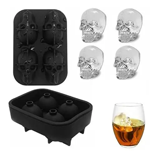 Produktbild: 4 Fach Eiswürfelform aus Silikon mit Deckel, 3D-Totenkopfform, BPA-freie Eiswürfelform aus Silikon, kugelförmige Eiswürfelform für Getränke, Eiscreme, Schwarz