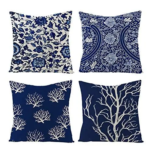 Produktbild: Gualiy 4er-Set Dekorative Kissenhülle Weich Kissenbezug 40x40cm, Leinen Baum and Blumen Kissenbezüge Kissenbezug, Wohnkultur Dekorationen für Sofa Couch Bett Stuhl, Dunkelblau, Set5