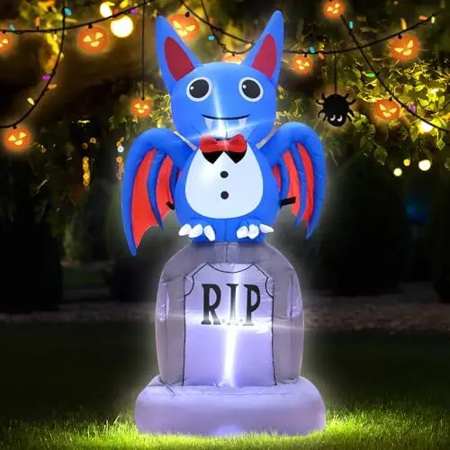 Produktbild: 4FT (122 cm) Halloween aufblasbarer Fledermaus-Grabstein mit LED-Beleuchtung - Unheimliches Design für Garten und Party, wasserdicht & leicht aufblasbar