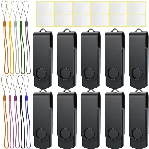 Produktbild: 4GB USB Stick Flash Laufwerk Uflatek USB 2.0 Memory Stick 10 Stück Flash Drive Metall Speicherstick Schwarz Thumb Drive Einklappbarer Externer Datenspeicher mit Lanyard