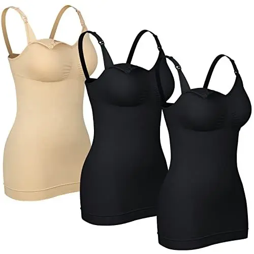 Produktbild: 4How 3er Damen Stilltops Mutterschaft Tanktop mit Eingebautem BH für Stillen Schlaf Camisole Schwarz,Beige M