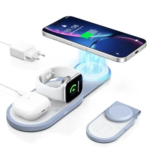 Produktbild: 4-In-1 Kabellose Ladestation Apple Watch und iPhone, iWatch iPhone Ladestation Faltbares Reise-Ladepad, 18W Schnellladegerät Ladegerät für iPhone 16/15, AirPods, Apple Watch, Samsung, Huawei