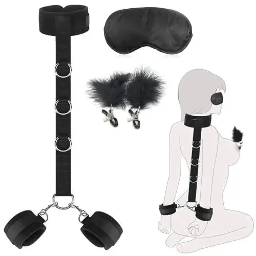 Produktbild: 4-in-1 Handschellen Sex Bett BDSMs Fesseln Set,Bondageset Fessel Set mit Halsband Frauen Sex + Nippelklemmen Brustwarzen + Augenbinde Sex Bett,BDSMs Toys BDSM Set,BDSMs Spielzeug Extrem Sklavin