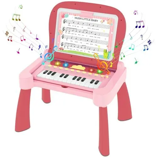 Produktbild: 4-in-1 Interaktiver Spieltisch für Kinder – Lernspielzeug mit 4 Lernkarten, 5 Notenblättern und Schreibtafel, inkl. verborgenem Klavier – Intelligentes Lernerlebnis für Kleinkinder 3-6 Jahre+ (Rosa)