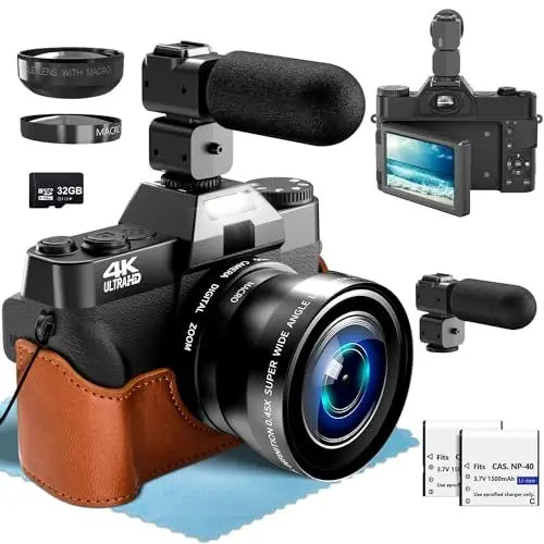 Produktbild: 4K 56 MP Digitalkamera für Fotografie mit externem, mit Weitwinkel+Macro Linse, mit WiFi und Manueller Fokus, 32G TF Karte Kompaktkamera 180° Flip Bildschirm, Vlogging Digitalkamera für Anfänger