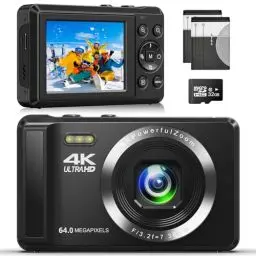 Produktbild: 4K 64MP Digitalkamera mit 32 GB Speicherkarte Autofokus-Kompaktkamera mit 16-fachem Digitalzoom, wiederaufladbare 2 1200mAh Batterien 2,4-Zoll-Mini-Kinderkamera für Anfänger