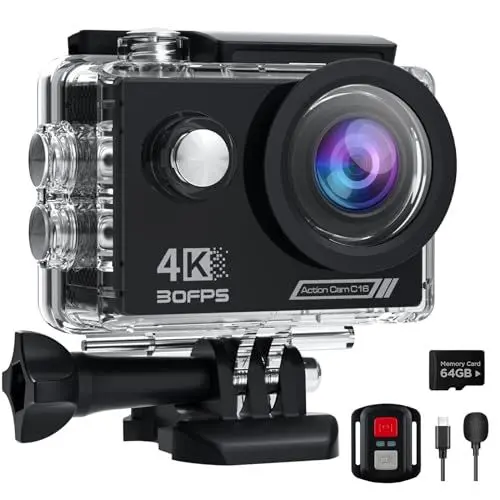 Produktbild: 4K Action Cam mit 64G SD Card, 40M Unterwasserkamera WiFi 170° Helmkamera HD 20MP Wasserdicht Actionkameras EIS mit 2.4G Fernbedienung 2* Akkus Helmhalterung Zubehör Kits