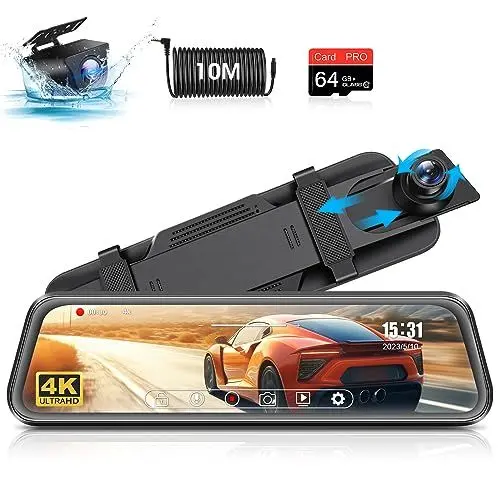 Produktbild: Vtopek 4K Dashcam WiFi Dash Cam Auto Vorne Hinten 10-Zoll Spiegel Dashcam mit Wasserdicht Rückfahrkamera 64G SD-Karte Rückfahrkamera Spiegel mit WDR Kamera Nachtsicht Parküberwachung G-Sesnor