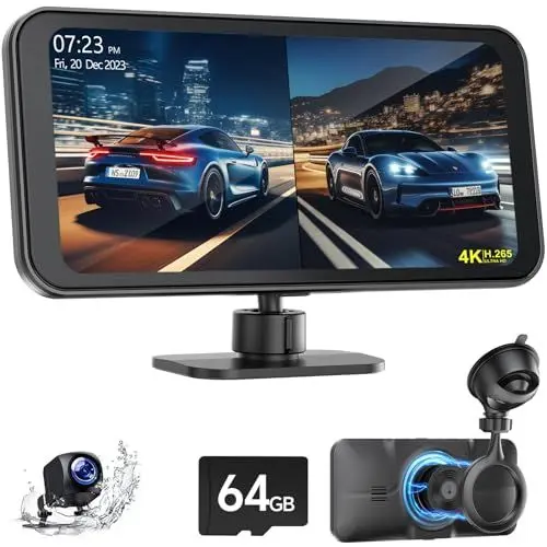 Produktbild: 4K Dashcam Auto vorne Hinten Kabellos mit 6,25 Zoll Carplay Bildschirm, Dash Kamera für Auto mit 1080p-Rückfahrkamera, GPS Navigation, Musik,Video abspielen, 24H Parküberwachung, 64GB SD-Karte