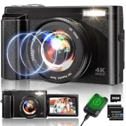 Produktbild: 4K Digitalkamera, 48MP Autofokus Kamera Fotokamera mit 32GB Karte, 2.7'' 180° Filp-Bildschirm Vlogging Kamera für YouTube 16x Zoom mit Blitz Fotoapparat, Kompaktkamera für Teens Anfänger Erwachsene