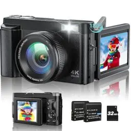 Produktbild: 4K Digitalkamera 48MP Kompaktkamera Fotokamera Autofokus mit 180° Flip-Bildschirm,16X Digital Zoom Kompaktkamera Fotoapparat mit 32GB Karte,2 Batterien für Anfänger