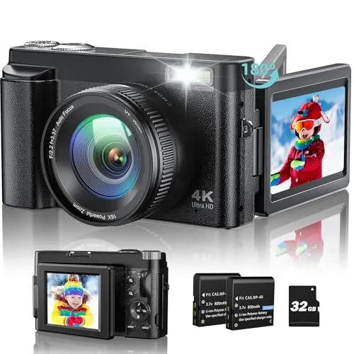 Produktbild: 4K Digitalkamera 48MP Kompaktkamera Fotokamera Autofokus mit 180° Flip-Bildschirm,16X Digital Zoom Kompaktkamera Fotoapparat mit 32GB Karte,2 Batterien für Anfänger