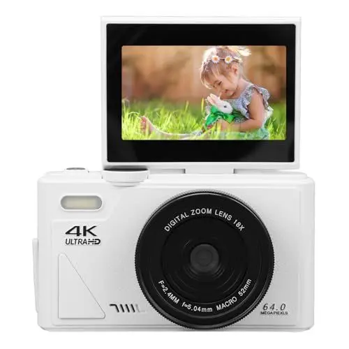 Produktbild: 4K Digitalkamera, 64 MP UHD 4K Vlogging Kamera mit 18 fachem Zoom, 3 Zoll Klappbildschirm Autofokus Retro Digitalkamera für Anfänger, Teenager, Kinder, Studenten (White)