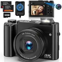 Produktbild: 4K Digitalkamera Fotokamera Dual Kamera 64 MP Autofokus Vlogging Fotokamera mit 32GB Speicherkarte, Kompaktkamera für Jugendliche und Einsteiger, Anti-Shake, 16X Digitalzoom, 2 Akkus& Ladegerät