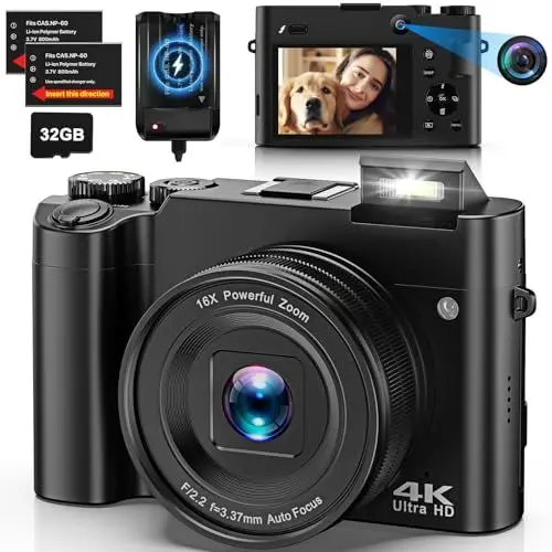 Produktbild: 4K Digitalkamera Fotokamera Dual Kamera 64 MP Autofokus Vlogging Fotokamera mit 32GB Speicherkarte, Kompaktkamera für Jugendliche und Einsteiger, Anti-Shake, 16X Digitalzoom, 2 Akkus& Ladegerät