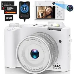 Produktbild: 4K Digitalkamera Fotokamera Dual Kamera 64 MP Autofokus Vlogging Fotokamera mit 32GB Speicherkarte, Kompaktkamera für Jugendliche und Einsteiger, Anti-Shake, 16X Digitalzoom, 2 Akkus& Ladegerät（Weiß）