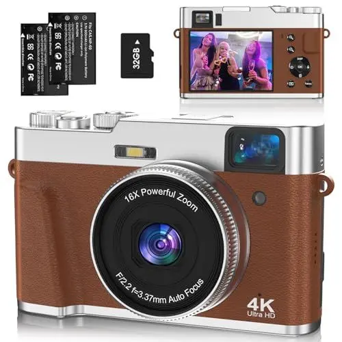 Produktbild: 4K Digitalkamera, NEZINI 48MP Autofokus Fotokamera mit 32GB-Karte, Optischer Sucher, 16X Zoom Fotoapparat Kompaktkamera mit Akku für Anfänger und Teenager