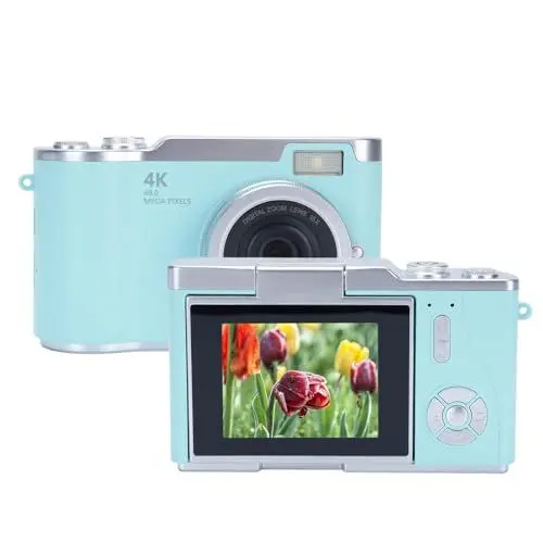 Produktbild: 4K Digitalkamera für Fotografie, 2,4 Zoll HD Flip Bildschirm Autofokus 48MP 8X Zoom Flash Anti Shake Vlogging Kamera für YouTube, 128 GB 800mAh Batterie Kompakte Reisekamera für