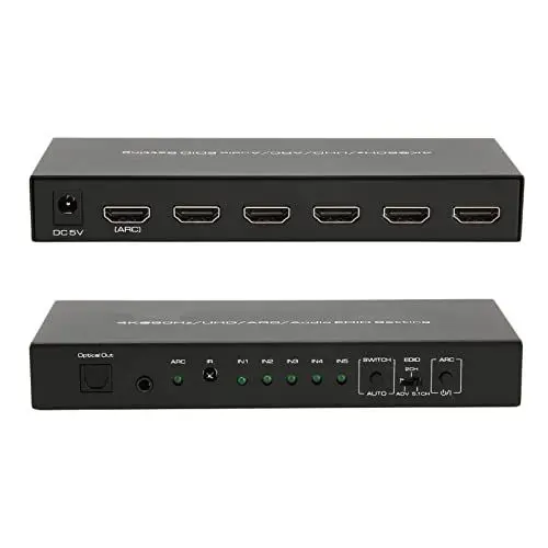 Produktbild: 4K HDMI Audio Extractor, HDR HDMI Stereo Sound Extractor Switch Box mit 5 Ports, HDMI Switch Sound Extractor für Lautsprecher, HDMI Audio Converter Adapter