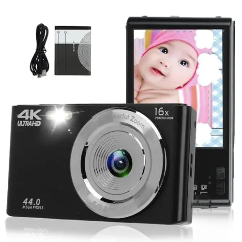 Produktbild: 4K-Digitalkamera, 16-facher Digitalzoom, 44-Megapixel-Vlog-Kamera, 2,8-Zoll-Bildschirm, Integriertes Fülllicht, Unterstützung für USB-Datenübertragung, Anti-Shake (Schwarz LR063682)