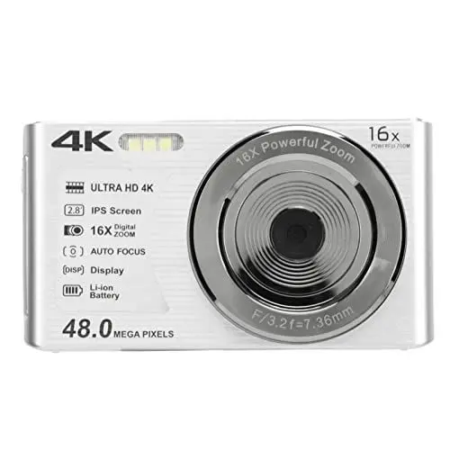 Produktbild: 4k-Digitalkamera, Tragbare Kompaktkamera, 2,8-Zoll-Bildschirm, 16-facher Digitalzoom, 48 Megapixel, 4k-Videoauflösung, Integrierter Aufhellblitz, Geeignet für Anfänger und Teenager (Silber)