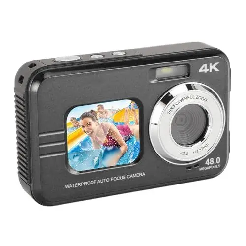 Produktbild: 4K-Unterwasserkamera, 48 MP Autofokus Dual-Screen-Selfie-Unterwasserkamera Zum Schnorcheln, Tauchen, 11 Fuß wasserdichte Kompakte Digitalkamera (Black)
