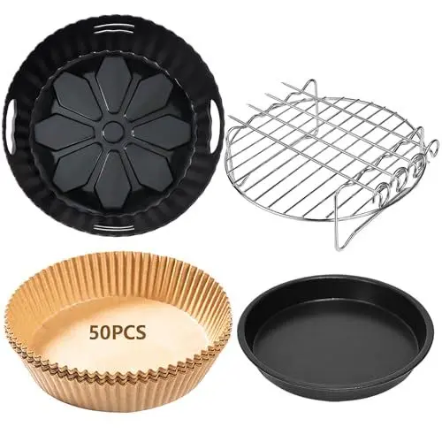 Produktbild: 4PCS 19CM Heißluftfritteuse Zubehör - Airfryer Zubehör für Russell Hobbs 4L, Philips 2000-Serie 4,2L (NA229/00), Ninja 5,2L AF160EU, COSORI 3.8L, Grillrost Pizzapfanne Backpapier Silikonform