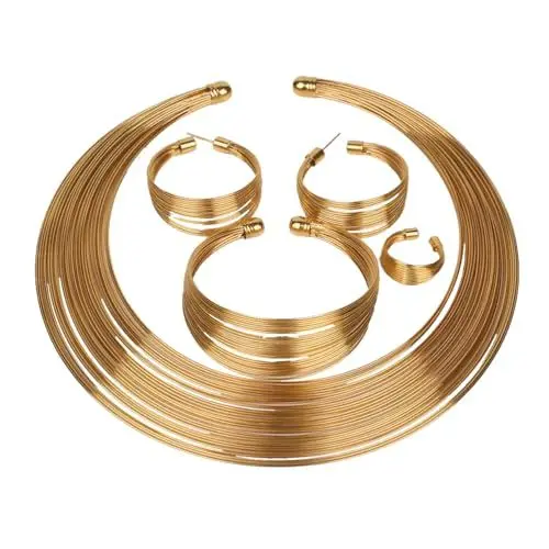 Produktbild: 4PCS Afrikanischen Nationalen Stil Bib Halskette Handgemachte Choker Halskette Ohrringe Armband Ring Schmuck- Set für