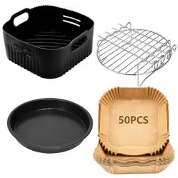 Produktbild: Heißluftfritteuse Zubehör 21CM- Airfryer Zubehör Kompatibel für Philips Airfryer XL 6,2L, COSORI 5,5L 4,7L, Cecotec 6L, 4er-Set: Wiederverwendbar Silikonform, Grillroste, Pizzapfanne, Backpapier