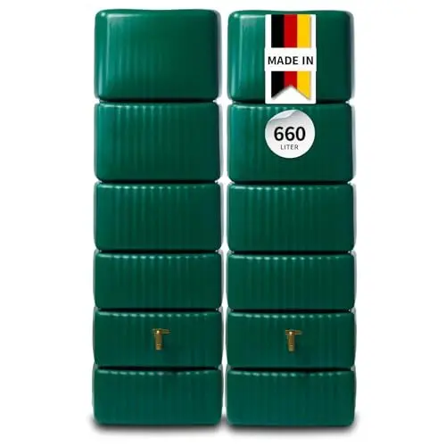 Produktbild: 4rain Slim Regentonne Set 660 L, dunkelgrün, 2X Slim 330 L, inkl. Verbinder - Wandtank, Wassertank, Regenfass, Regenwassertonne, Wasserbehälter, Regenwassertank, Wasserfass, Wassertonne