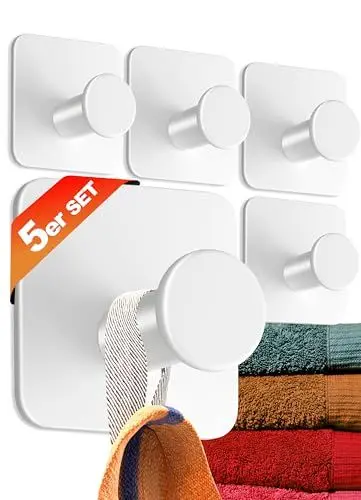 Produktbild: 4smile Handtuchhalter ohne Bohren, weiß - 5 Stück Badezimmer Handtuchhalter, Klebehaken aus Edelstahl, moderne Haken für Bad, WC, Küche - Wasserfeste Haken selbstklebend, Handtuchhaken