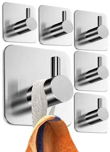 Produktbild: 4smile Handtuchhalter ohne Bohren, 6er Set, Silber - Badezimmer Handtuchhalter aus Edelstahl, funktionale Klebehaken, hohe Tragkraft - Wasserfeste Haken für Bad, Haken selbstklebend, Handtuchhaken