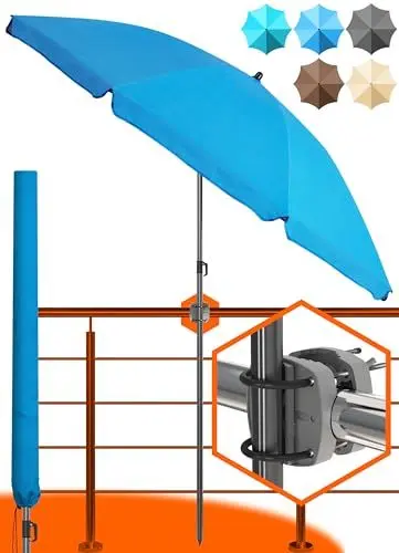 Produktbild: 4smile Sonnenschirm Balkon SunnyJoy, 3-in-1 SET, Blau - UPF 50+ Sonnenschirm Ø 180 cm + Sonnenschirmhalter Balkongeländer + Sonnenschirmhülle - Sonnenschutz Balkon Set