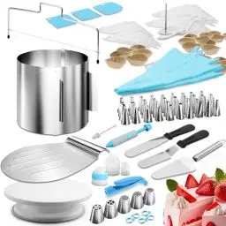 Produktbild: 4smile Torten-Zubehör-Set 144 Teile - Tortenring verstellbar hoch 15 cm + Tortenschneider + Tortenheber + Streichwerkzeug + Tortenplatte drehbar + XXL Torten-Deko Set