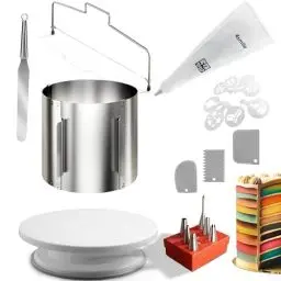 Produktbild: 4smile Torten-Zubehör-Set 22 Teile - Tortenring verstellbar hoch 15 cm, Tortenschneider, Tortenplatte drehbar, Streichpalette, Teigkarte, Spritzbeutel mit Tüllen, Tortenschablone