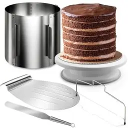 Produktbild: 4smile Torten-Zubehör-Set 5 Teile - Tortenring verstellbar hoch 15 cm + Tortenschneider + Tortenheber + Tortenplatte drehbar + Streichpalette - Praktisches Backzubehör-Set