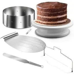 Produktbild: 4smile Torten-Zubehör-Set 5 Teile - Tortenring verstellbar hoch 8,5 cm + Tortenschneider + Tortenheber + Tortenplatte drehbar + Streichpalette - Praktisches Backzubehör-Set