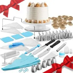 Produktbild: 4smile Torten Zubehör Set, 142 Teile - Tortenplatte drehbar + Set Tortendekoration, ideal für Back-Anfänger - Backset mit Edelstahl Spritztüllen - Backzubehör für Torten deko Terra