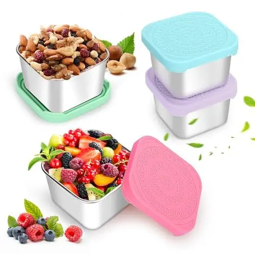 Produktbild: 4Stück Snack-Behälter, 180ml 304 Edelstahl Metall Soße Lebensmittel Lagerung Box Container Mit Silikon-Deckel, Wiederverwendbare Kleine Tragbare Auslaufsicher Food Lunch Boxen Set, Leicht zu Öffnen
