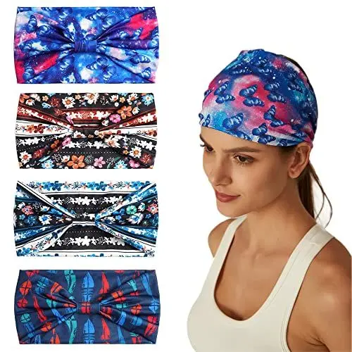 Produktbild: 4Stück Stirnbänder für Frauen Breite verknotete Turban Bandana Boho Kopftücher Wraps Yoga Haarbänder Stoff elastische Stirnband Sport Laufen Kopftücher