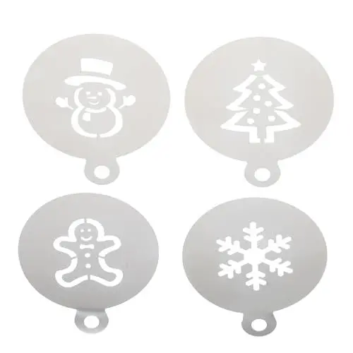 Produktbild: 4Stücke Edelstahl Kaffee Dekorieren Schablonen Weihnachten: Latte Cappuccino Vorlagen Lebkuchenmann Schneeflocke Schneemann Baum DIY Stanzschablonen für Fondant Kuchen Backen Xmas Deko