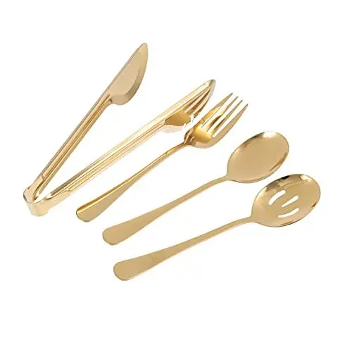Produktbild: 4-teiliges Servierbesteck aus Edelstahl, Besteck-Set, Servin-, Suppenlöffel, perforierter Löffel, Zange für Abendessen, Buffet, goldfarben
