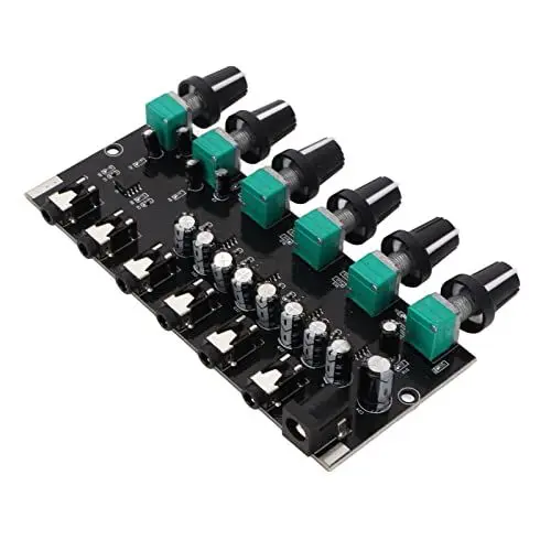 Produktbild: 4-Wege-Stereo-Mischpult, Stereo 2 Eingänge 4 Ausgänge Lautstärke Einstellbar 3,5-mm-Kopfhörertreiber Leistungsverstärker-Mixer-Splitter, DC5-15V