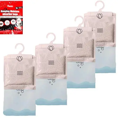 Produktbild: 4x Luftentfeuchter beutel zum Hängen, Raumentfeuchter Set Feuchtigkeit Entferner, für Schrank, Aufbewahrung, Badezimmer, Wäscherei, Keller, Küche, Wohnwagen, Auto,Bus, Boot, Schiff, Garage, Dachboden