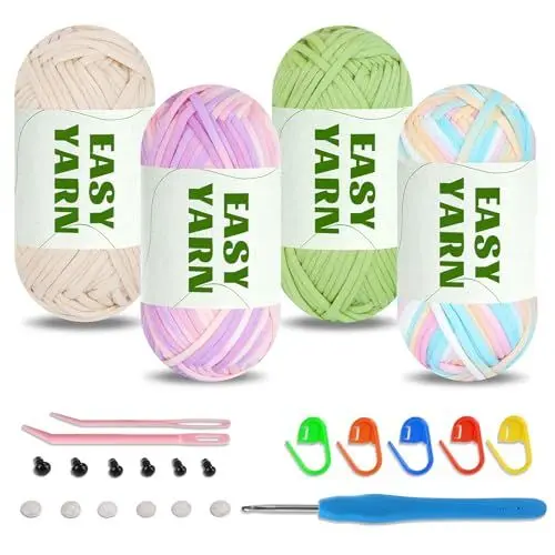 Produktbild: 4 X 50g Easy Yarn Häkelgarn Chenille Wolle Zum Häkeln, Crochet Yarn Cotton Dicke Wolle zum Häkeln Dicke Wolle gut Sichtbare Maschen, Wolle zum Häkeln Dickes Garn Baumwoll-Nylon
