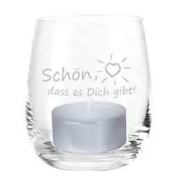 Produktbild: 4you Design Windlicht Schön das es Dich gibt – Geschenk für Männer und Frauen – Geschenkidee zum Valentinstag, Geburtstag, Muttertag – Glas mit wertschätzender Gravur – Glas OHNE Teelicht