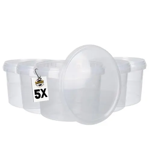 Produktbild: 5 Eimer mit Deckel 3 Liter Rund Transparent | Kunststoff Eimer Lebensmittelecht, luftdicht und stabil | Leer Eimer mit Griff und Deckel für Lebensmittel Chemie Waschpulver Klebstoffe geeignet