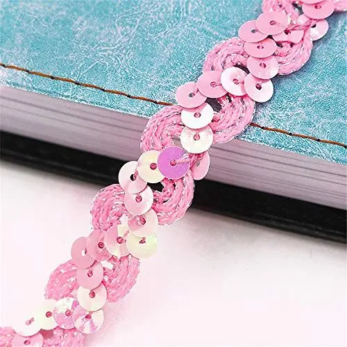 Produktbild: 5 Meters Länge 1,5 cm Breite Glitzer Farbiges Paillettenband Borten Rolle Paillettenbesatz Applikation Paillettenborte Hologramm Metallic Pailletten Besatz Aus Stoff Glänzende Paillettenbänder,C-Rosa