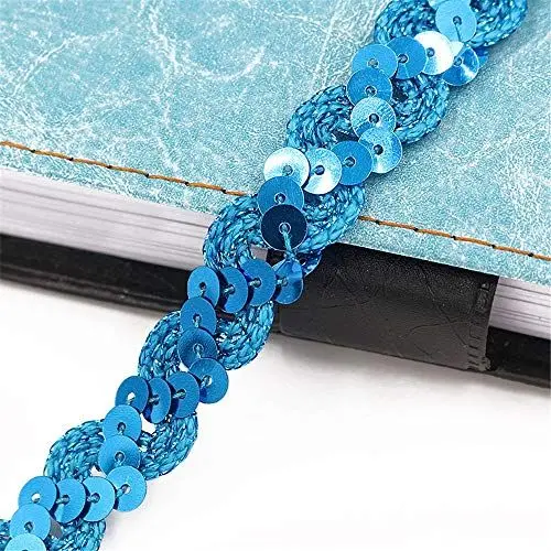 Produktbild: 5 Meters Länge 1,5 cm Breite Glitzer Farbiges Paillettenband Borten Rolle Paillettenbesatz Applikation Paillettenborte Hologramm Metallic Pailletten Besatz Aus Stoff Glänzende Paillettenbänder,F-Blau